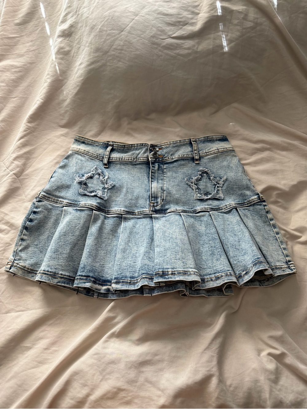 Light Wash Denim Pleated Mini Skirt with Star Appliqués